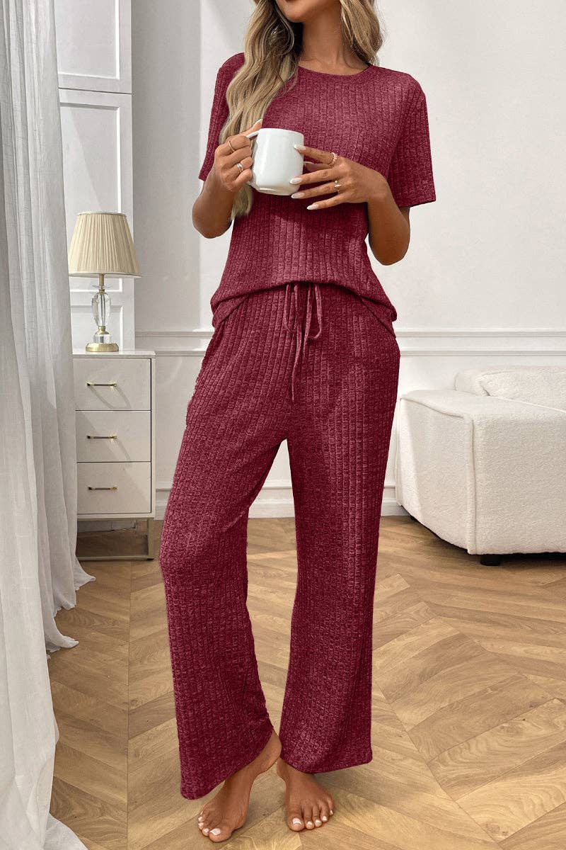 Short Sleeve Ribbed Knit Lounge Set with Drawstring Pants