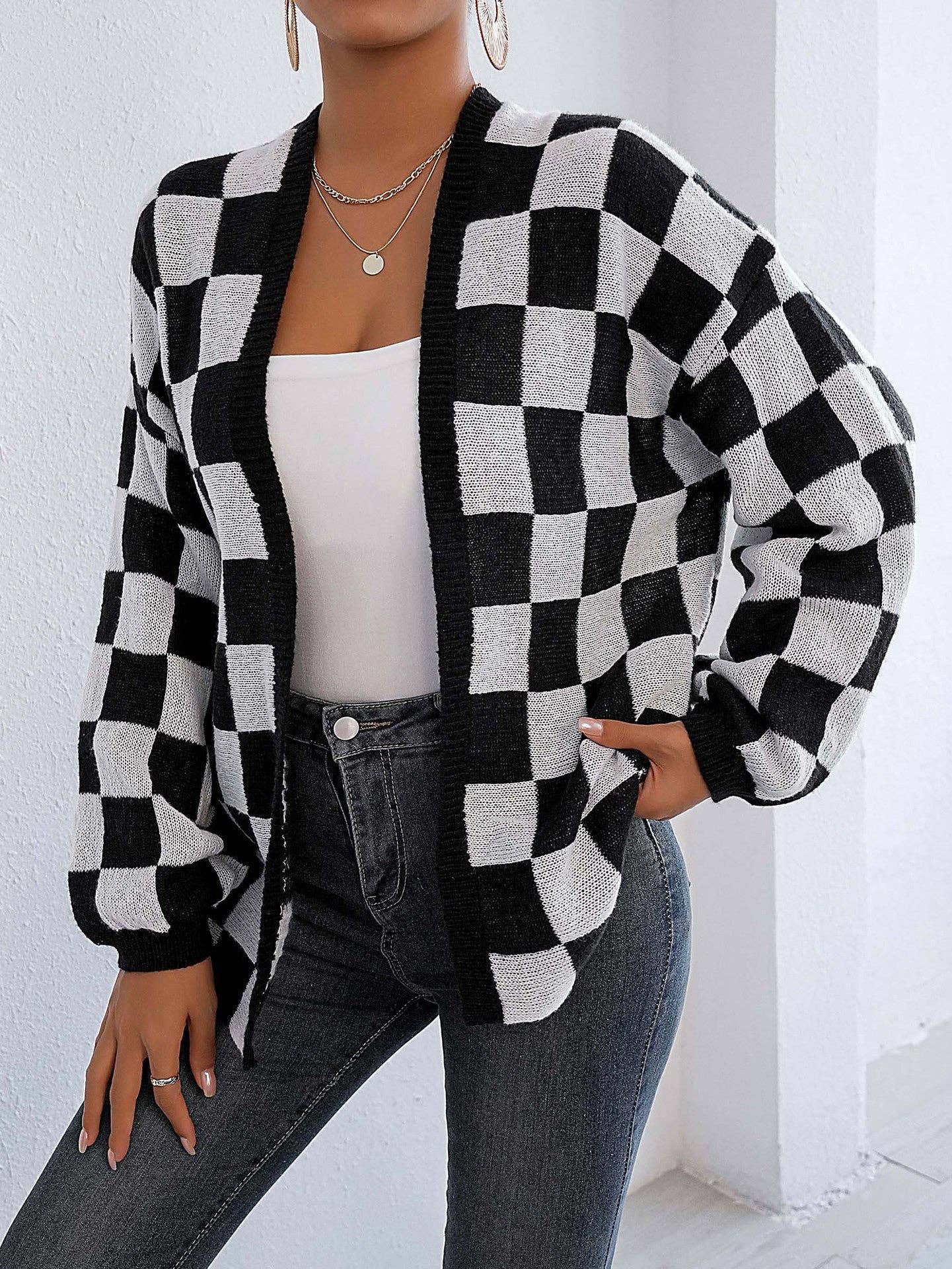 Checkered Open Cardigan Sweater