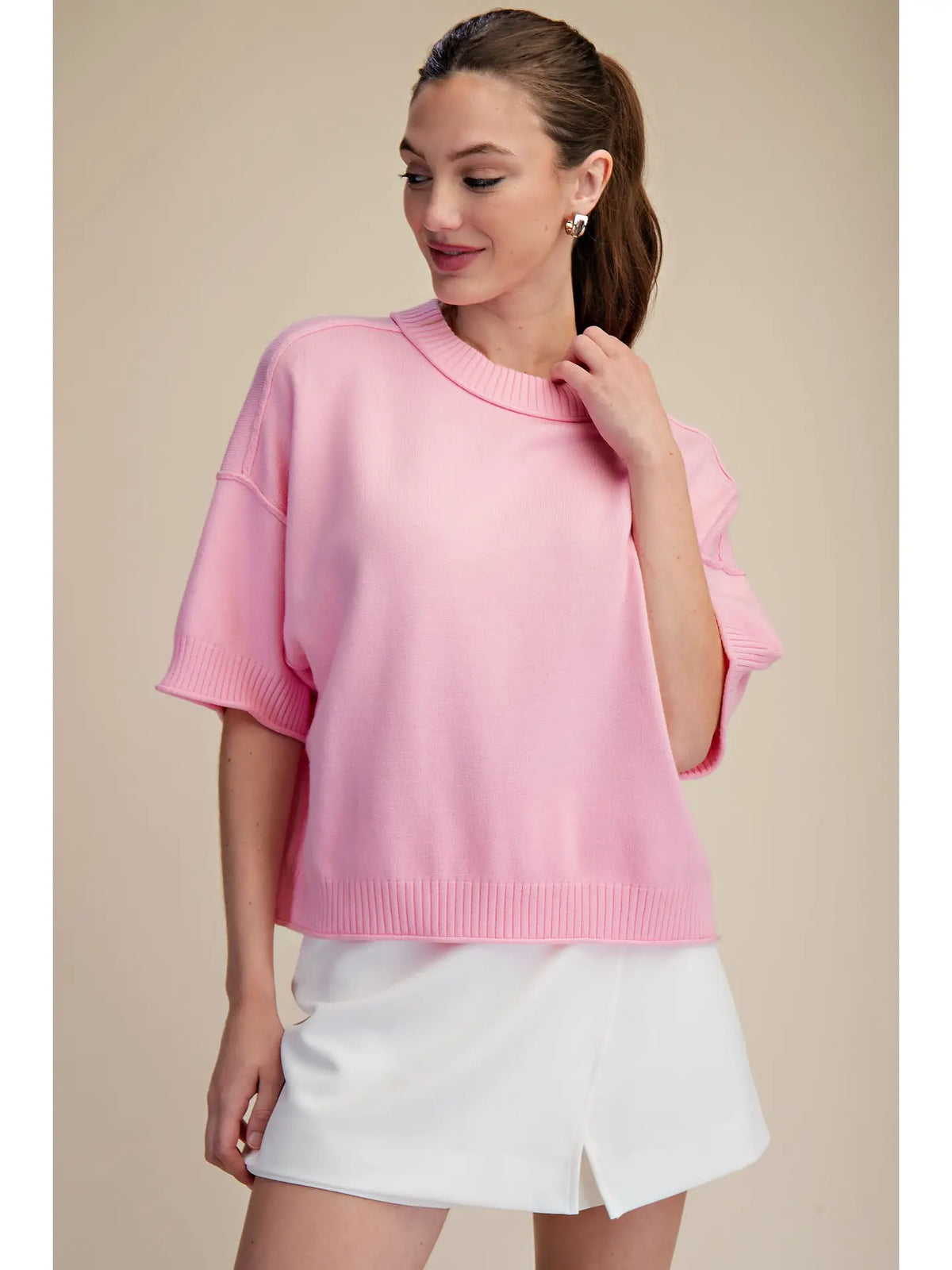 Crew-Neck Elbow-Length Sleeves Sweater - Pink