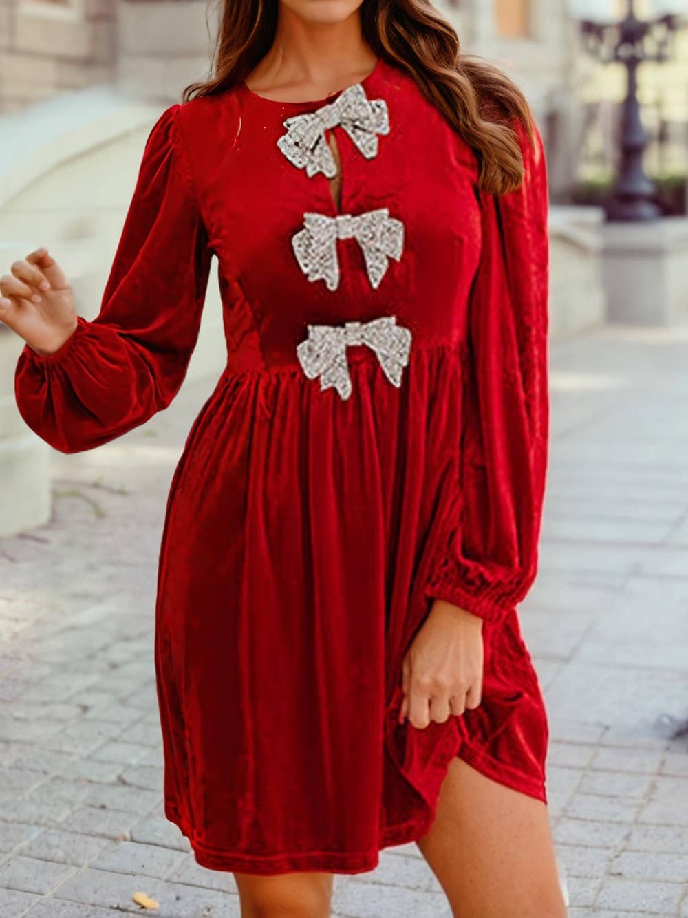 Bowknot Decor High Waist Velvet Mini Dress