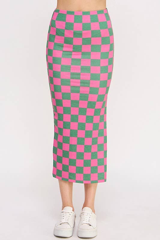 HI-WAIST CHECKERED MIDI PENCIL SKIRT w/ SIDE SLIT
