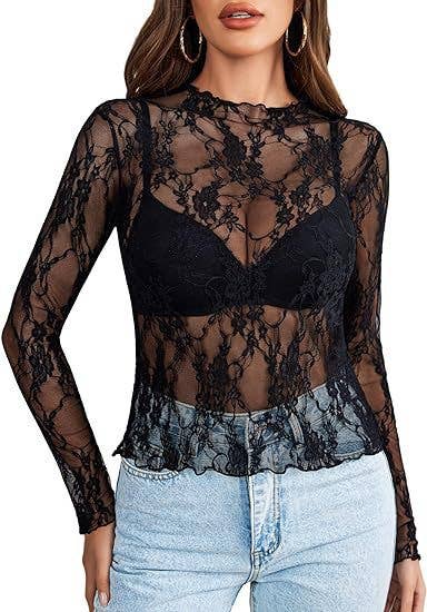 Long-Sleeve Sheer Lace Floral Mesh Top