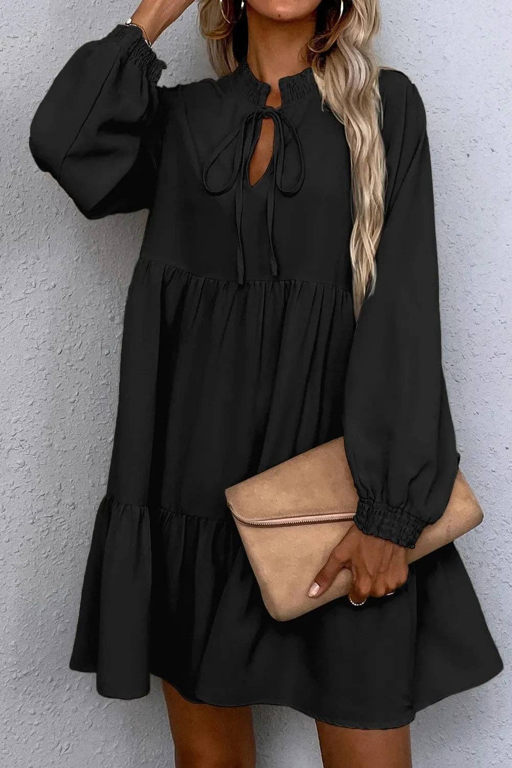 Black Tie Split Neck Smocked LS Ruffle Hem Loose Dress