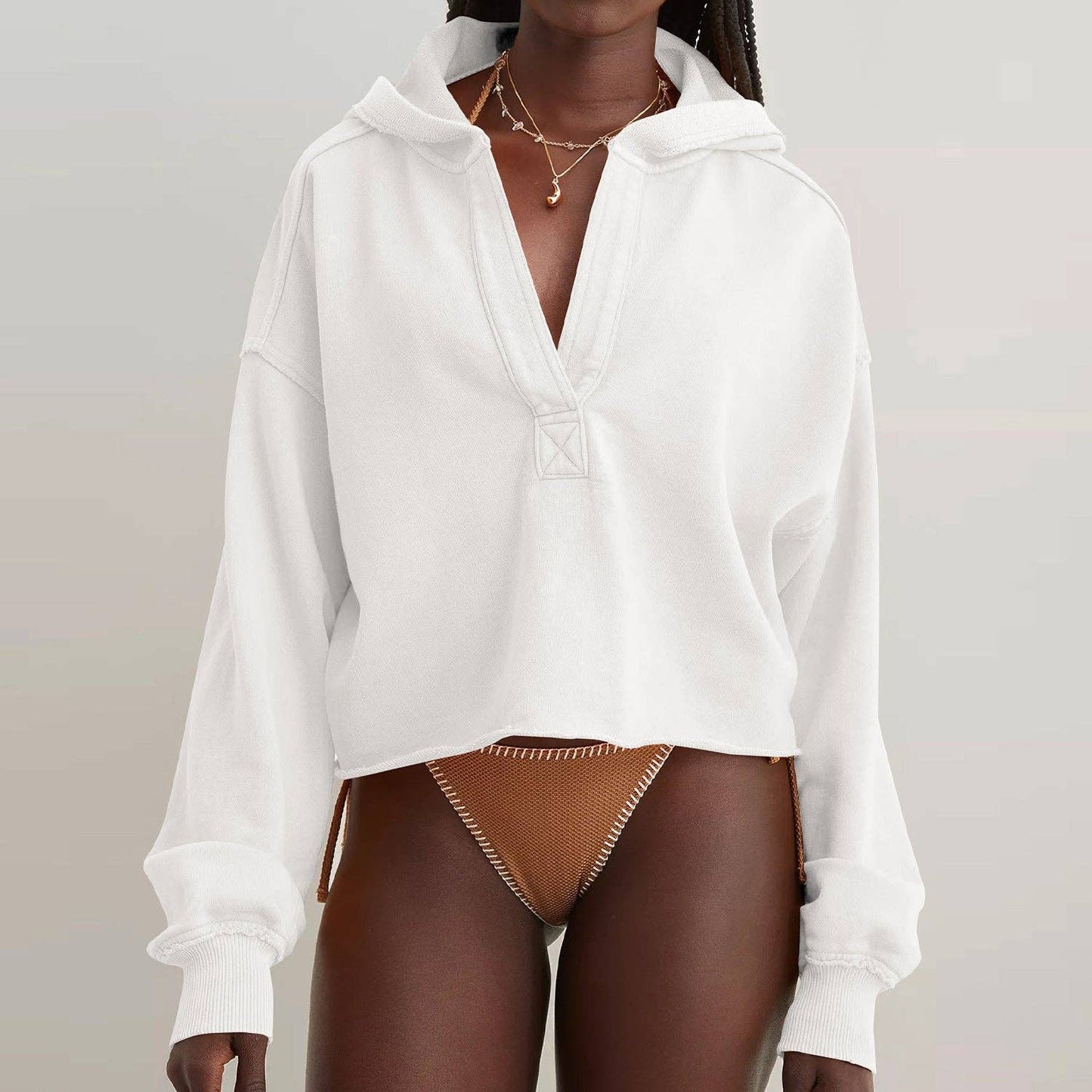 V-Neck Hooded Pullover Sweater Loose Fit Long Sleeve Top