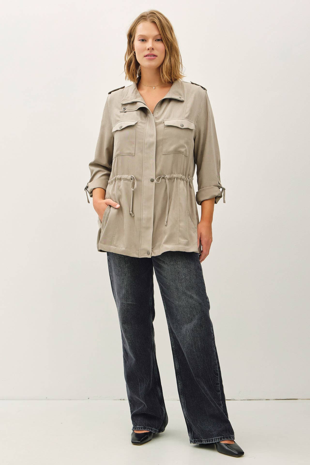 PLUS SIZE CINCHED WAIST CARGO UTILITY JACKET
