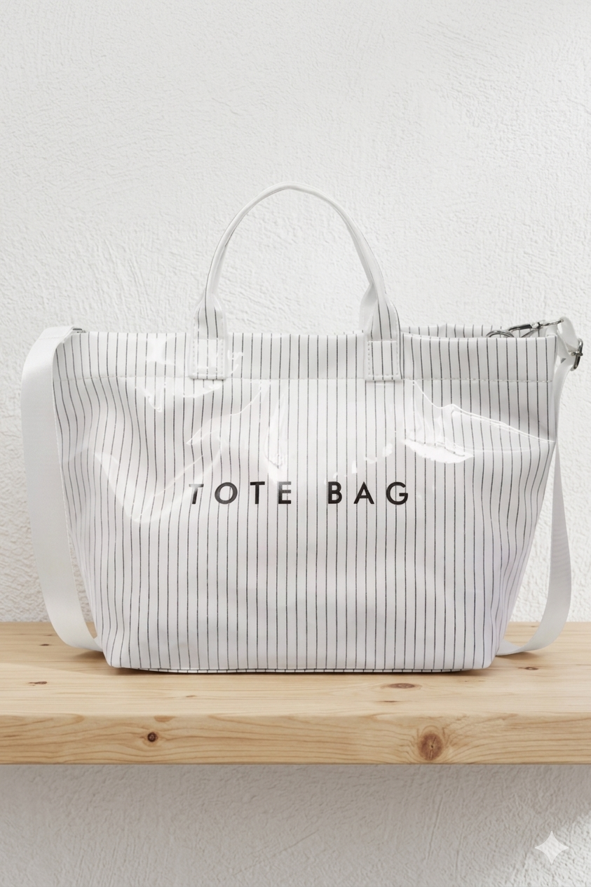 White Pinstripe TOTE BAG w/Strap