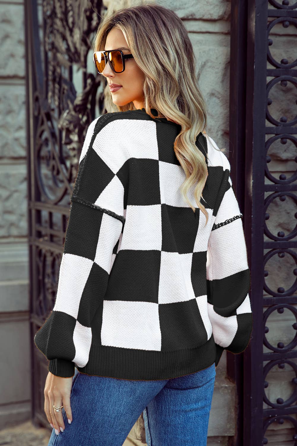 Checkered Bishop Sleeve Sweater | 9 Colors