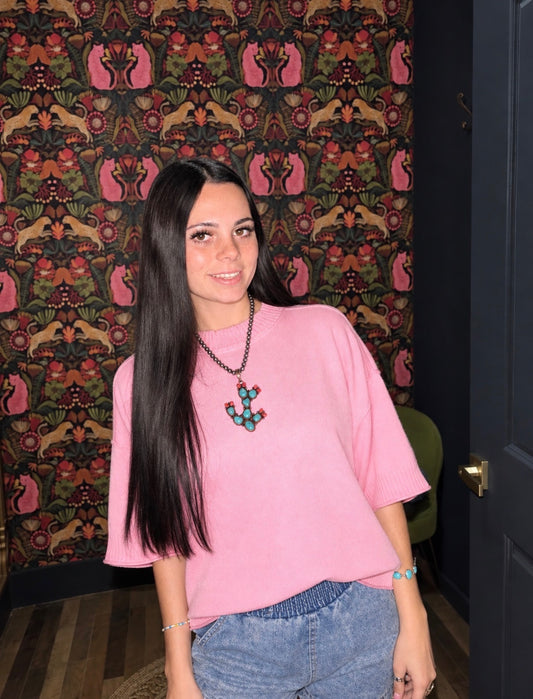 Crew-Neck Elbow-Length Sleeves Sweater - Pink