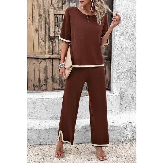 Two Piece Knit Short Sleeve Wide Leg Lounge Sets