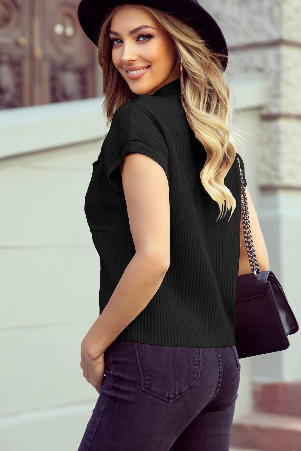 Patch Pocket Ribbed Knit Short Sleeve Sweater - 8 Colors