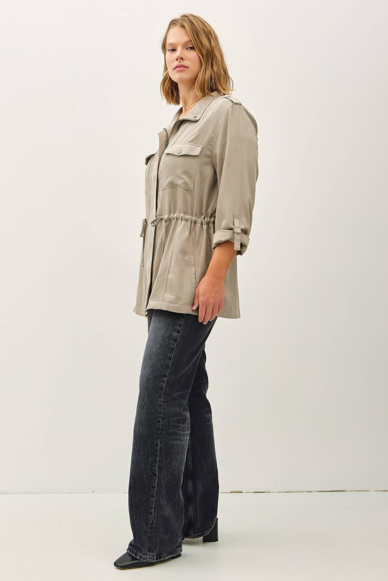 PLUS SIZE CINCHED WAIST CARGO UTILITY JACKET
