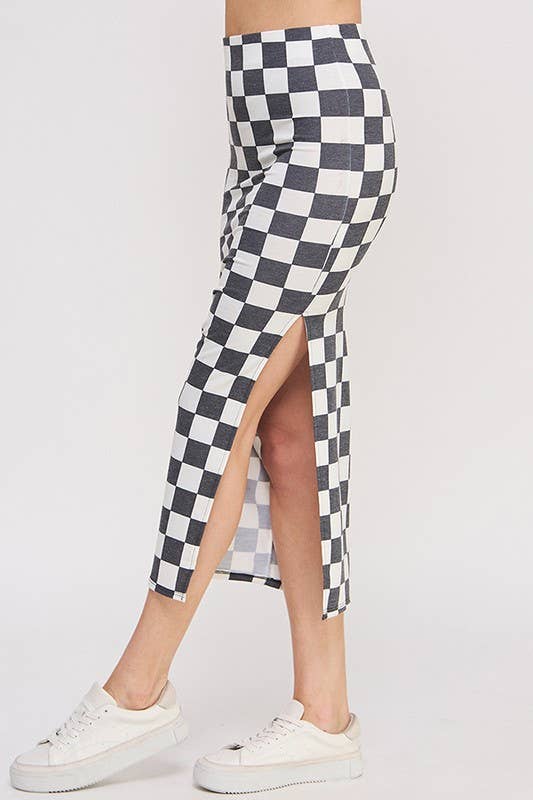 HI-WAIST CHECKERED MIDI PENCIL SKIRT w/ SIDE SLIT
