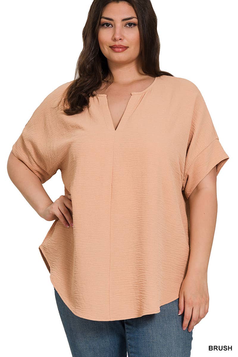 Woven Airflow Split Neck Short Sleeve Top
