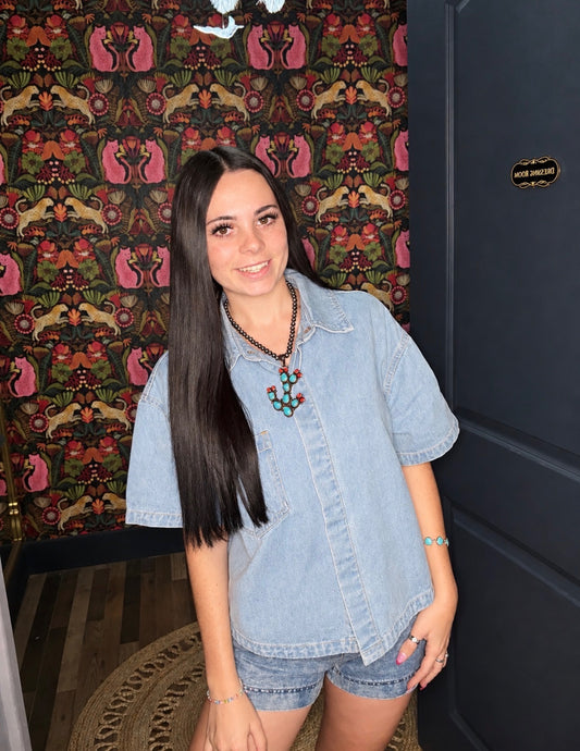 Oversized Half Sleeve Cropped Denim Shirt - Rigid