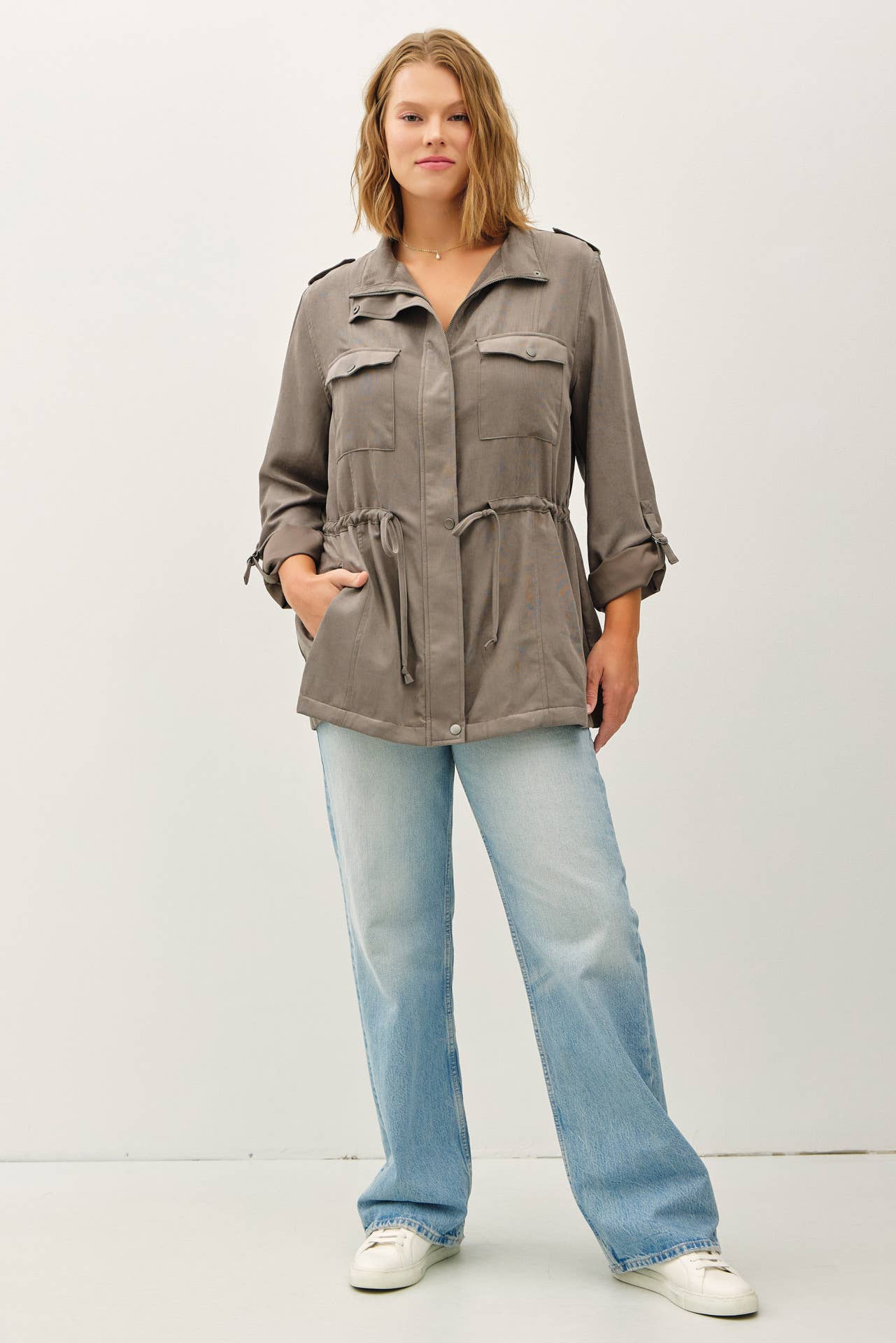 PLUS SIZE CINCHED WAIST CARGO UTILITY JACKET