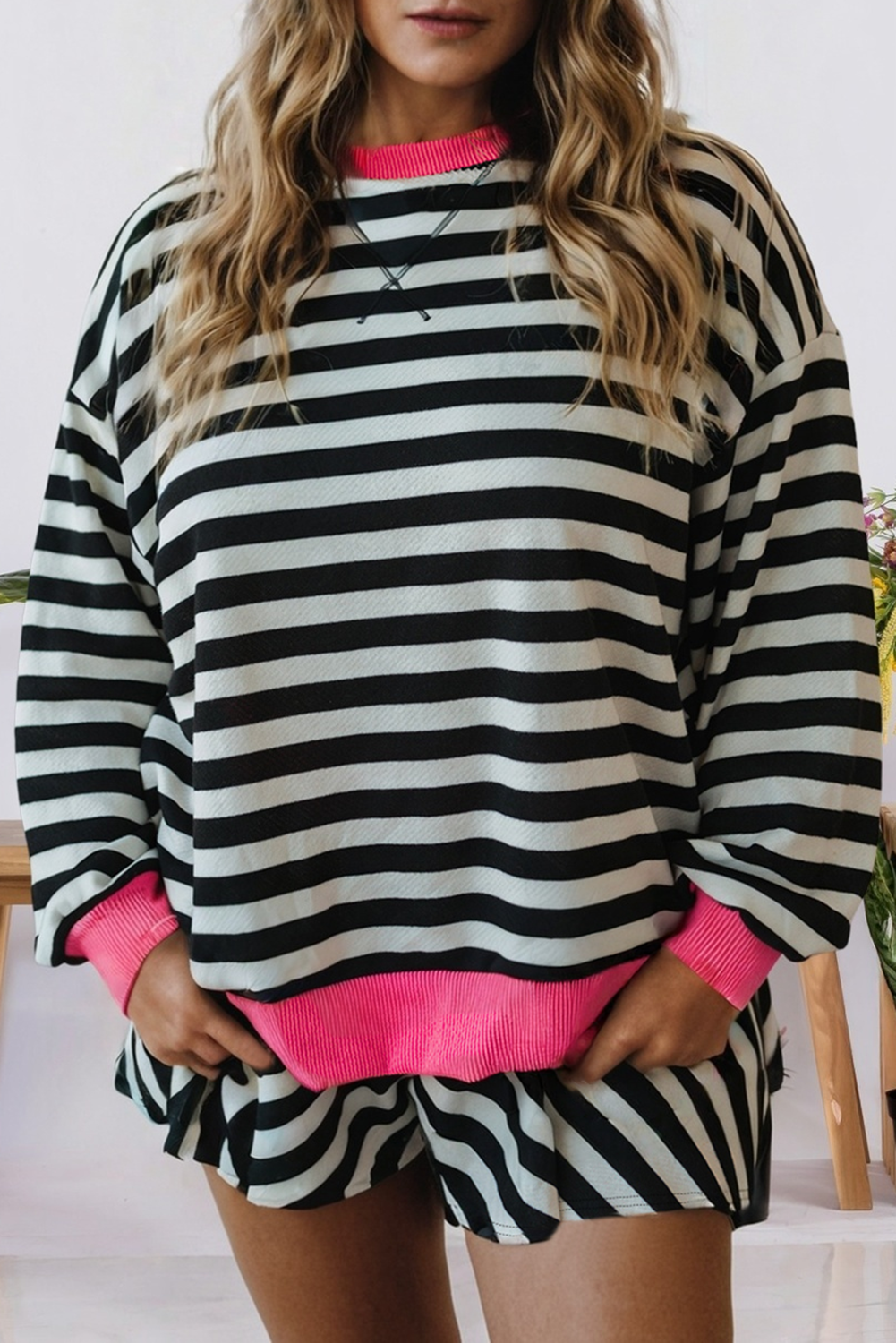 Stripe Color Block Edge Pullover/Shorts Set