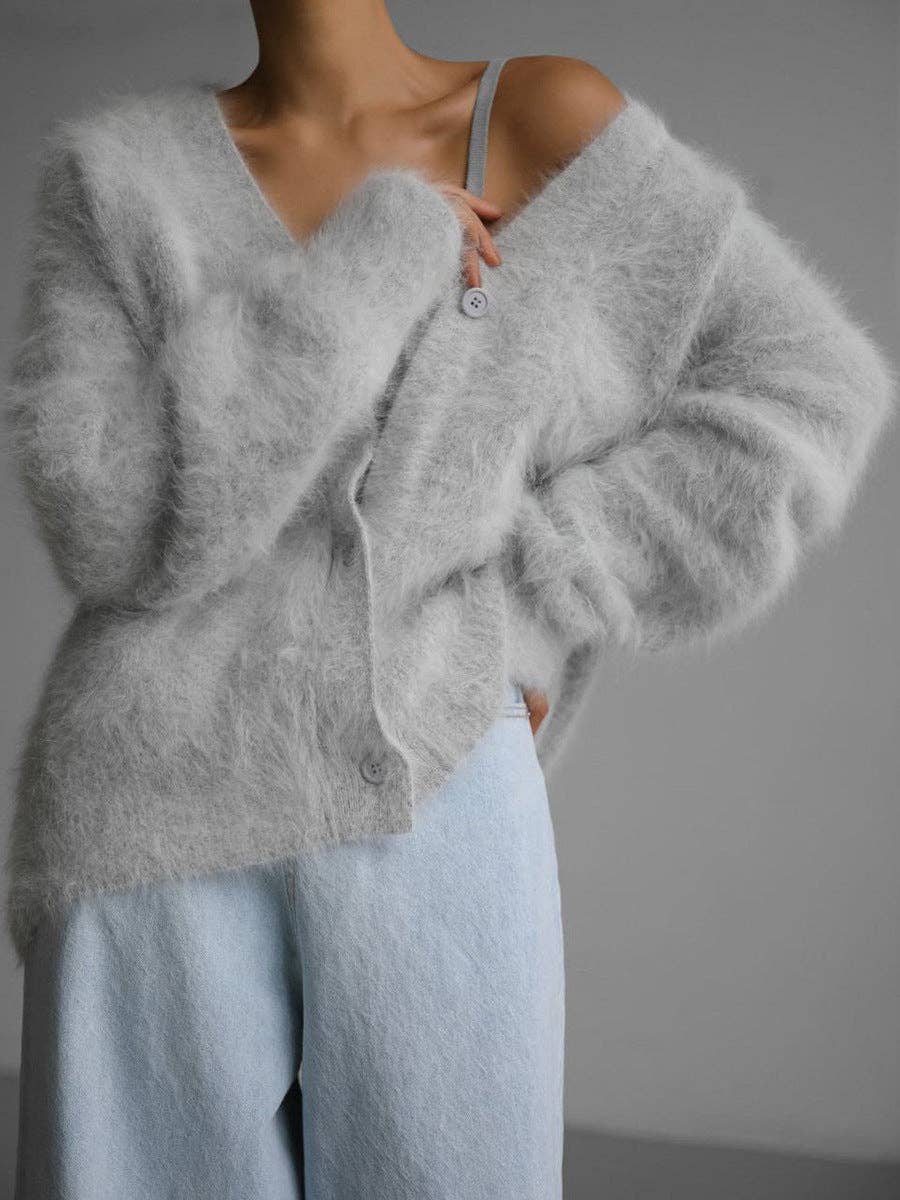 Cozy Faux Mink Knit Cardigan Loose Fit Soft Sweater