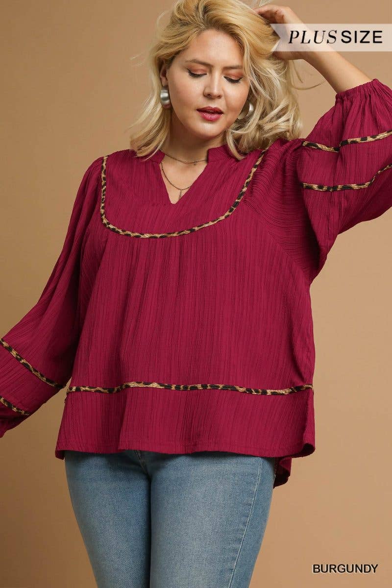 Plus Texture Fabric Blouse With Animal Print