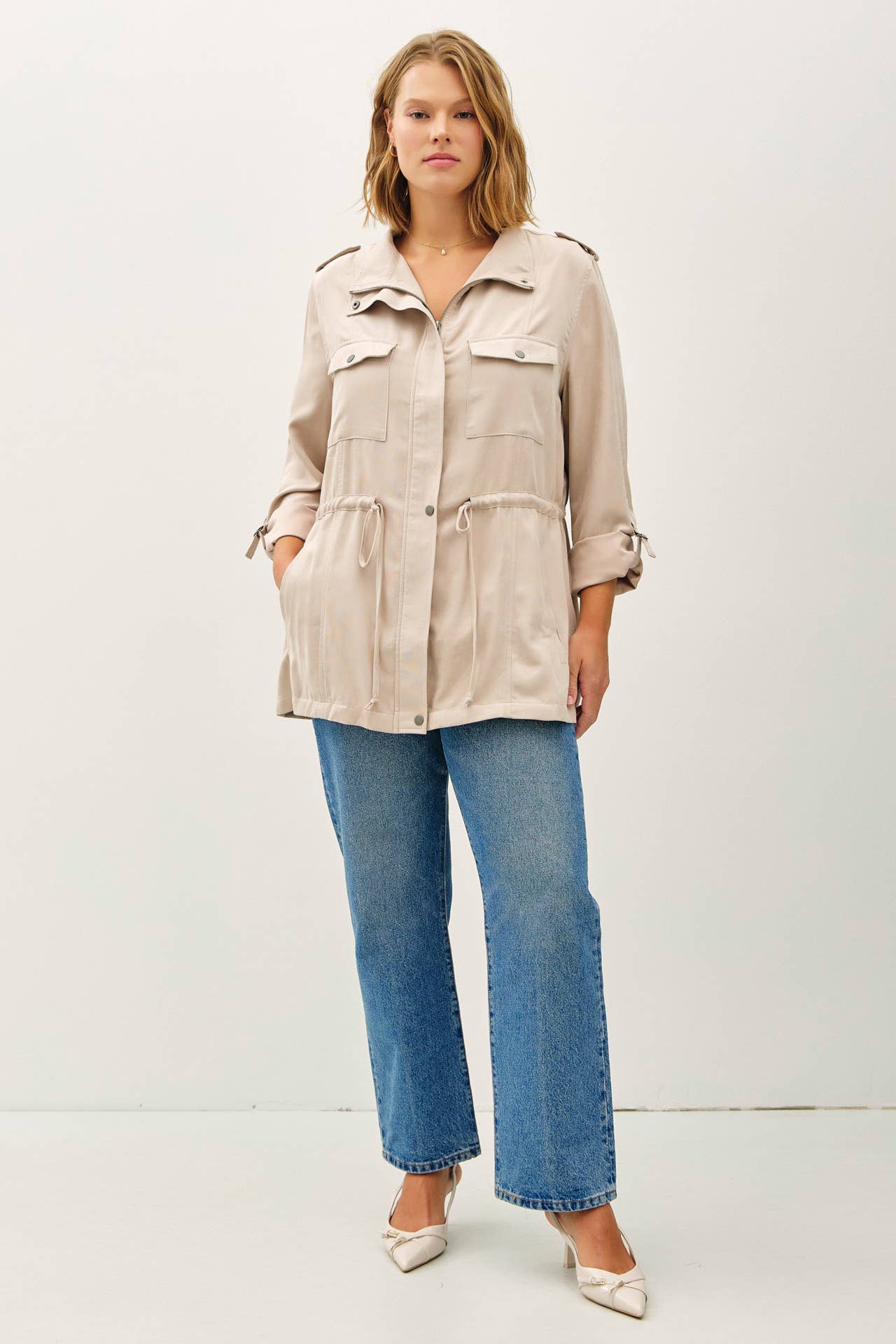 PLUS SIZE CINCHED WAIST CARGO UTILITY JACKET