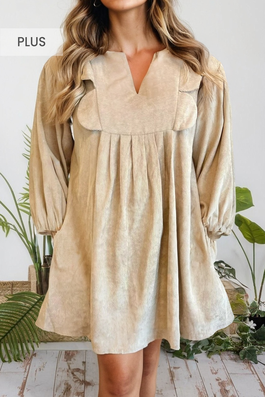 Notched Neck Scallop Detail Plus Size Mini Dress