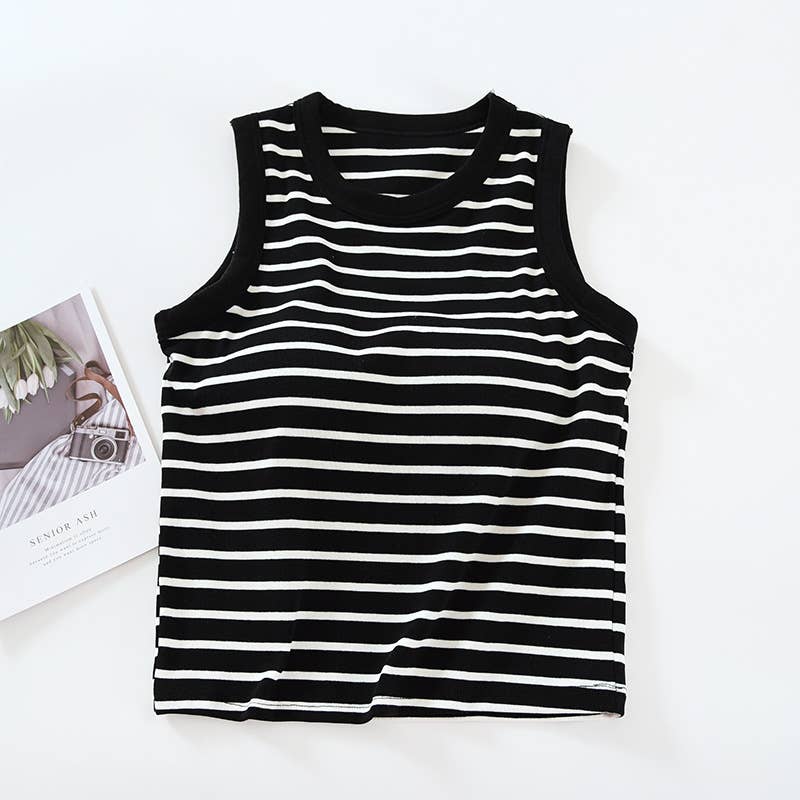 Basic Cotton Stripe Tank Top w/Self Bra