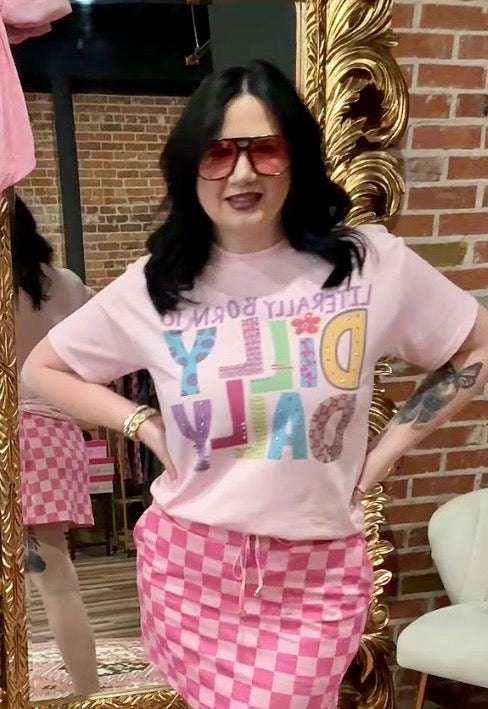 Literally Born to Dilly Dally Rhinestone T-Shirt - Light Pink