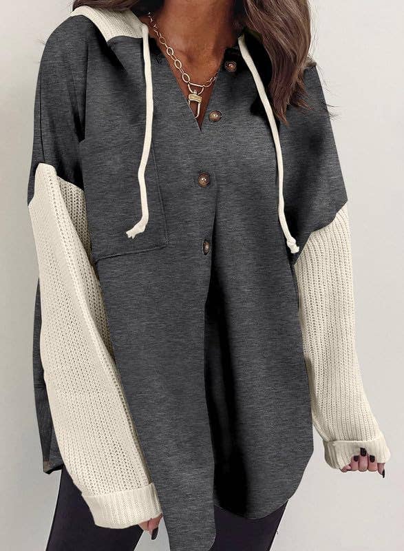 Colorblock Hoodie Sweatshirt with Button Detail