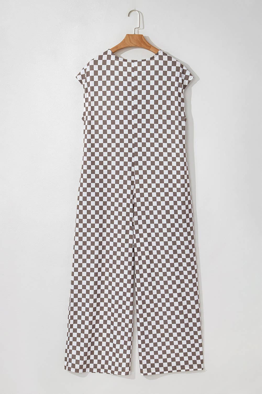 Checkered Print Buttoned Crewneck Wide Leg Jumpsuit