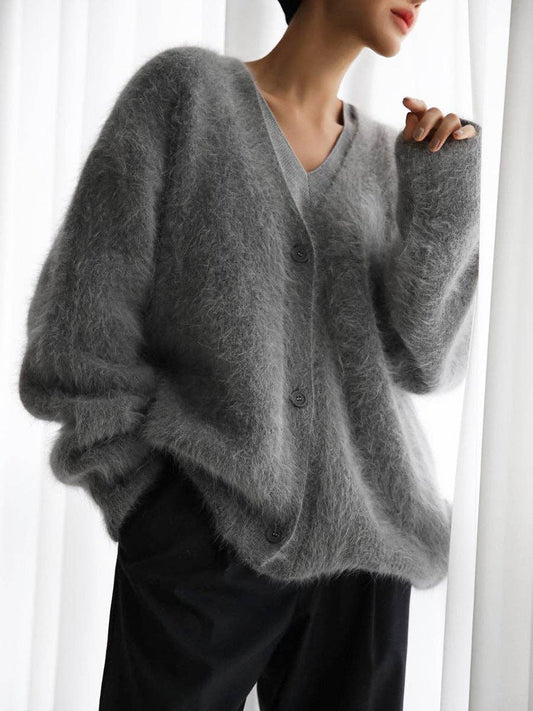 Cozy Faux Mink Knit Cardigan Loose Fit Soft Sweater