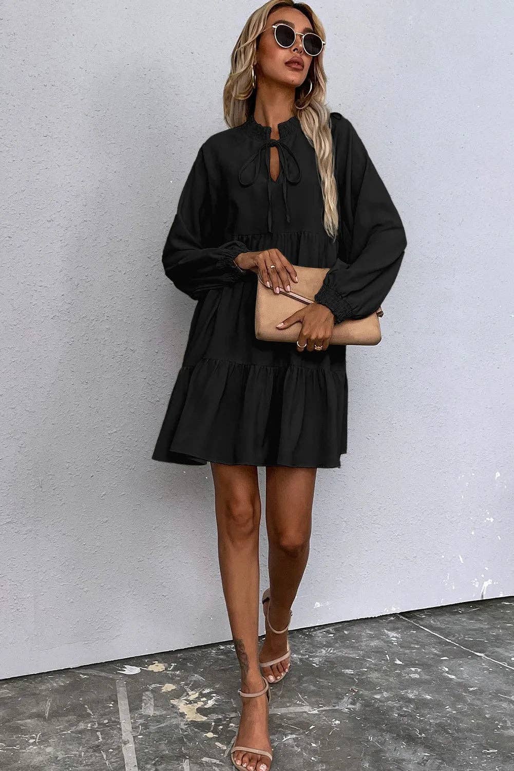 Black Tie Split Neck Smocked LS Ruffle Hem Loose Dress