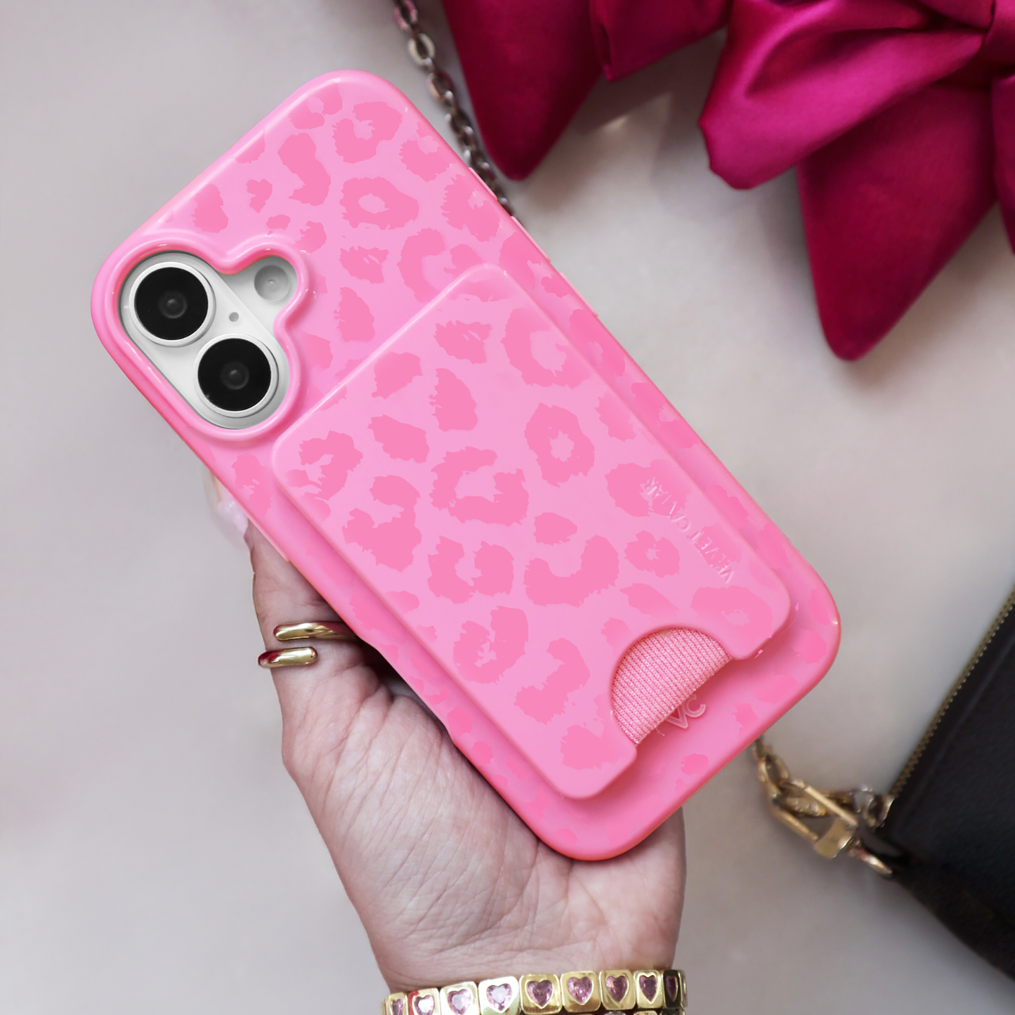 Magnetic Phone Wallet - Hot Pink Leopard