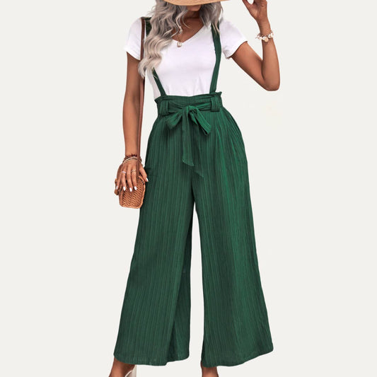 Hunter Green Belted Textured Wide-Leg Overalls