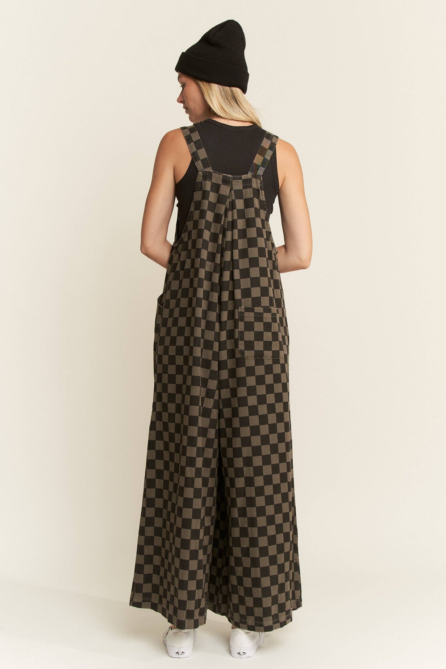 PLUS SIZE CHECKERED WIDE LEG OVERALLS