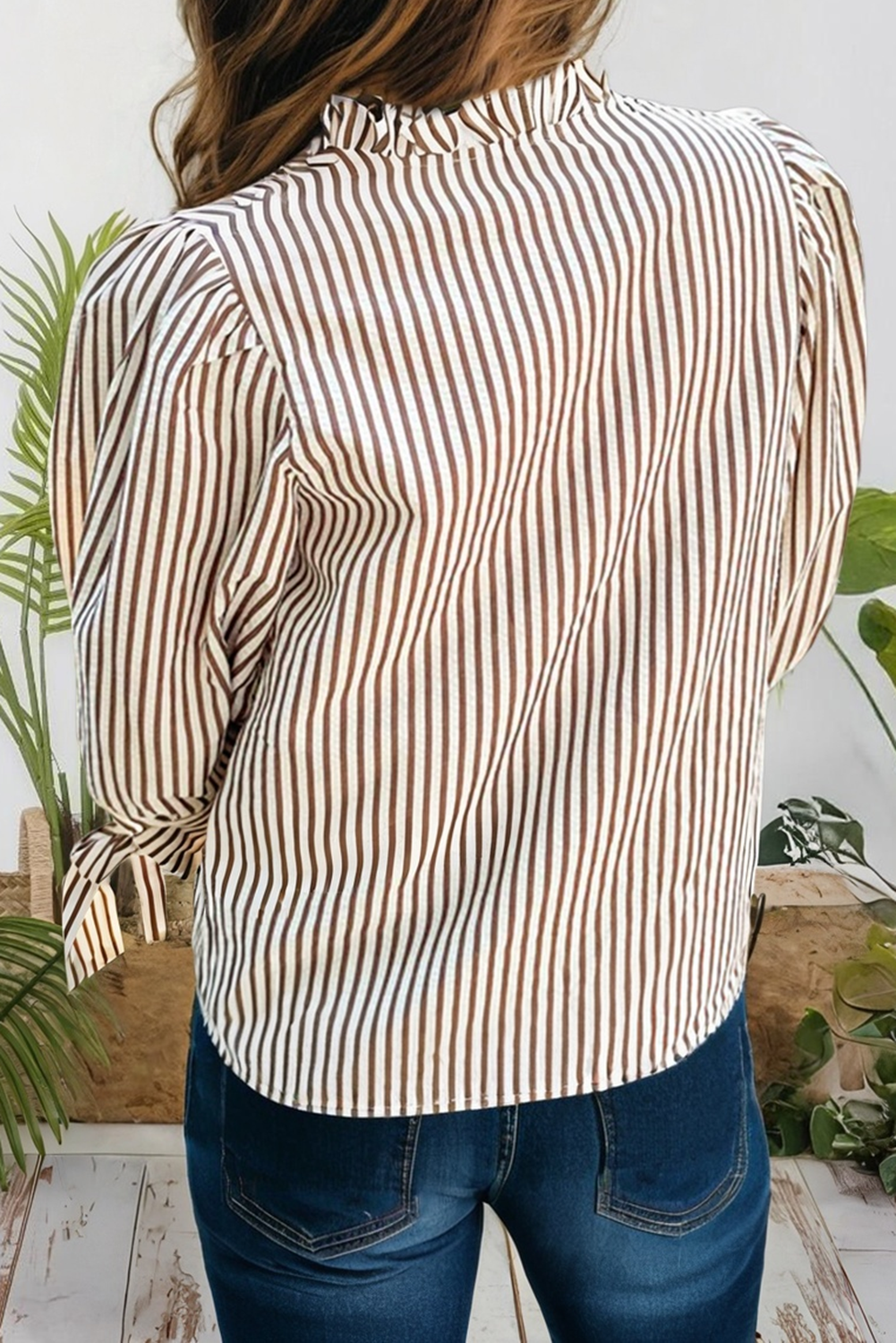 Striped Frill V Neck Knot Cuffed Sleeve Top