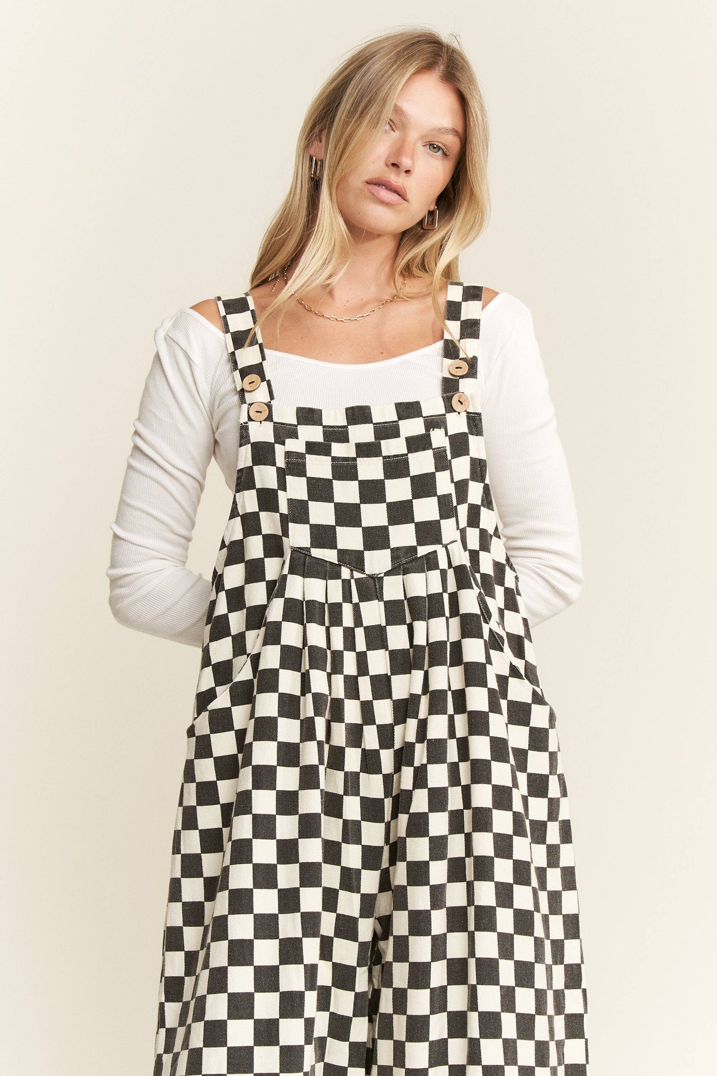 PLUS SIZE CHECKERED WIDE LEG OVERALLS