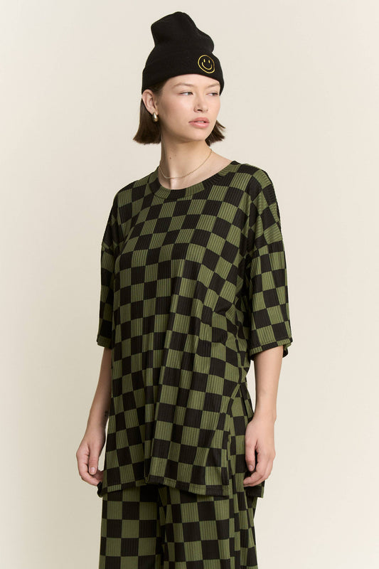 RIBBED CHECKERED PRINT TOP/STRAIGHT LEG PANTS SET