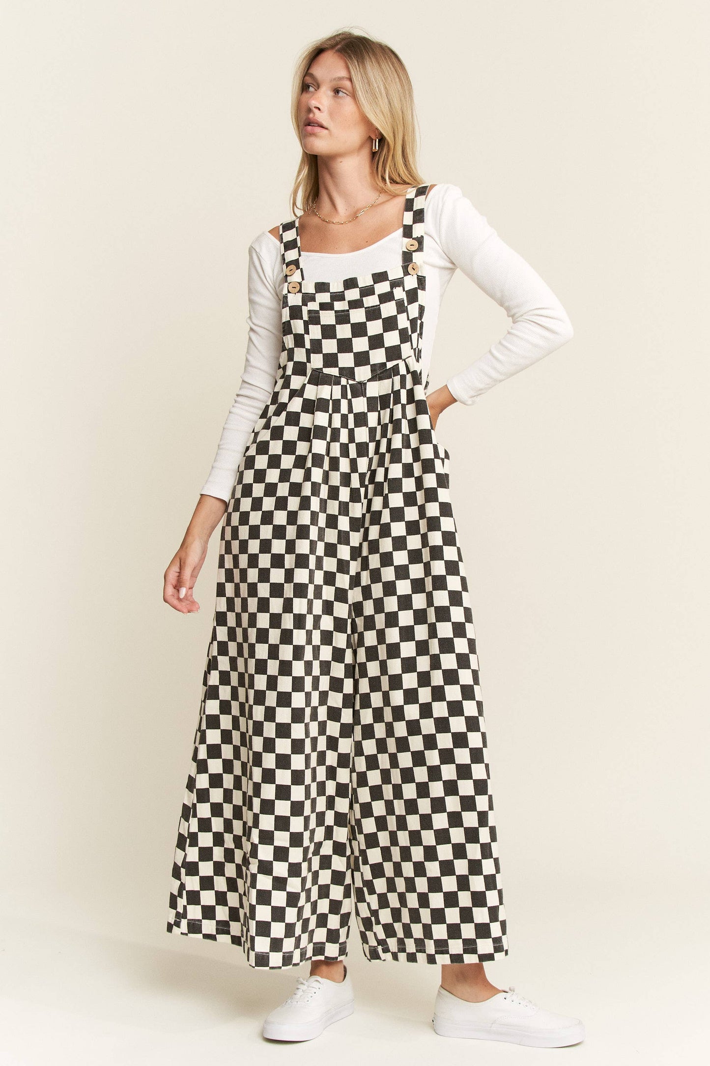 PLUS SIZE CHECKERED WIDE LEG OVERALLS