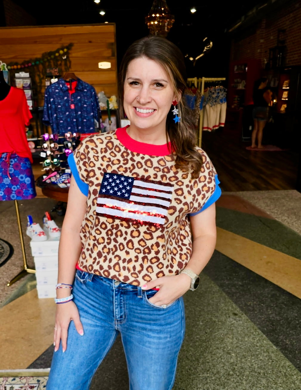 4th of July Leopard Sequin Knit Top