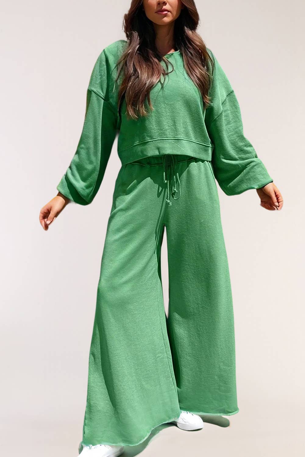 Drop Shoulder Puff Sleeve Pullover Pants Set