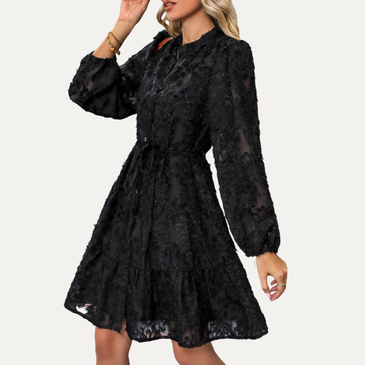 Black Fringe Jacquard Button-Up Tiered Mini Dress