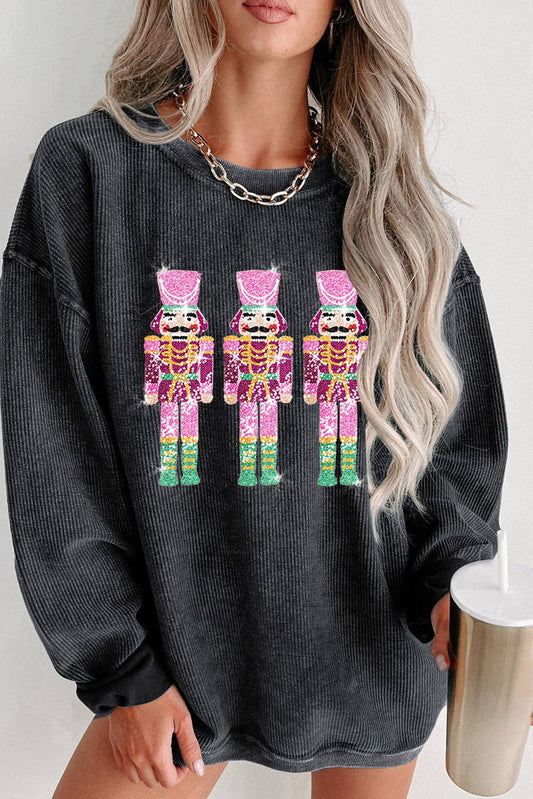 Black Sequin Nutcracker Christmas Corded Oversized Sweatshirt