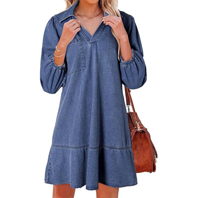 Denim Babydoll Dress – V-Neck Puff Sleeve Casual