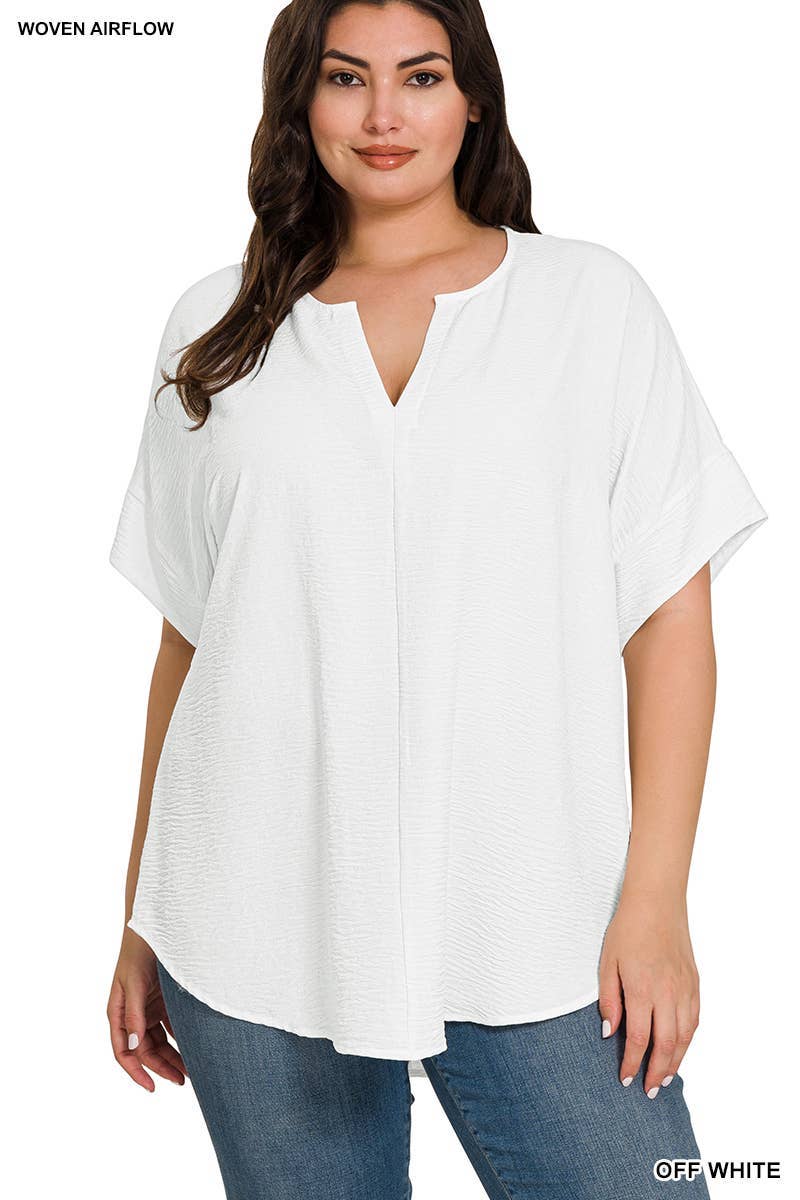 Woven Airflow Split Neck Short Sleeve Top
