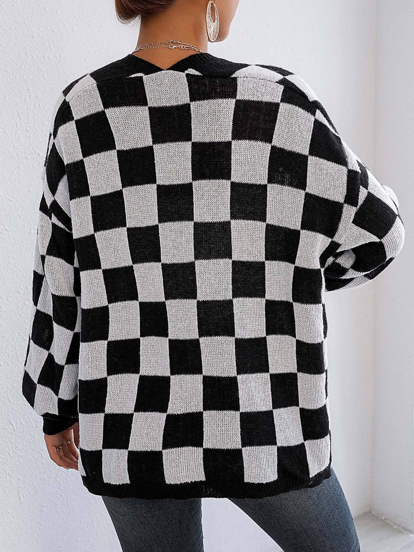 Checkered Open Cardigan Sweater