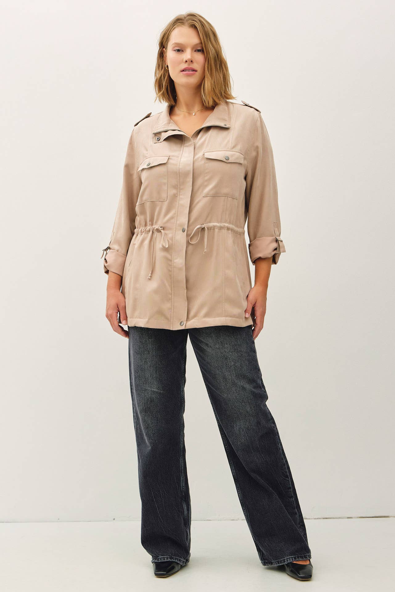 PLUS SIZE CINCHED WAIST CARGO UTILITY JACKET