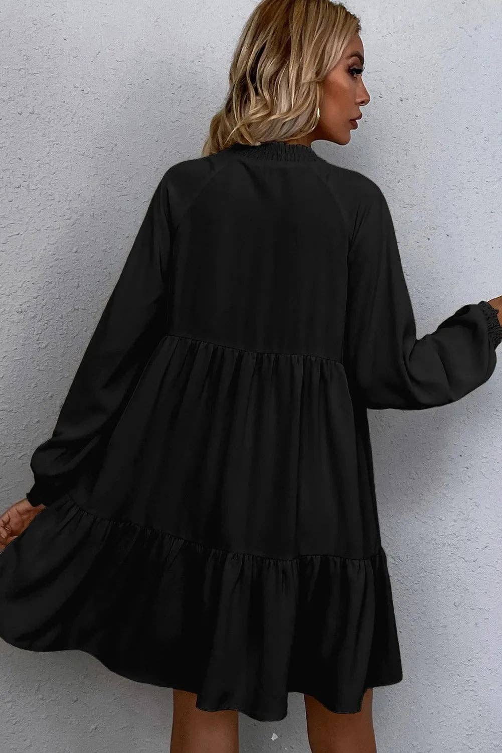 Black Tie Split Neck Smocked LS Ruffle Hem Loose Dress