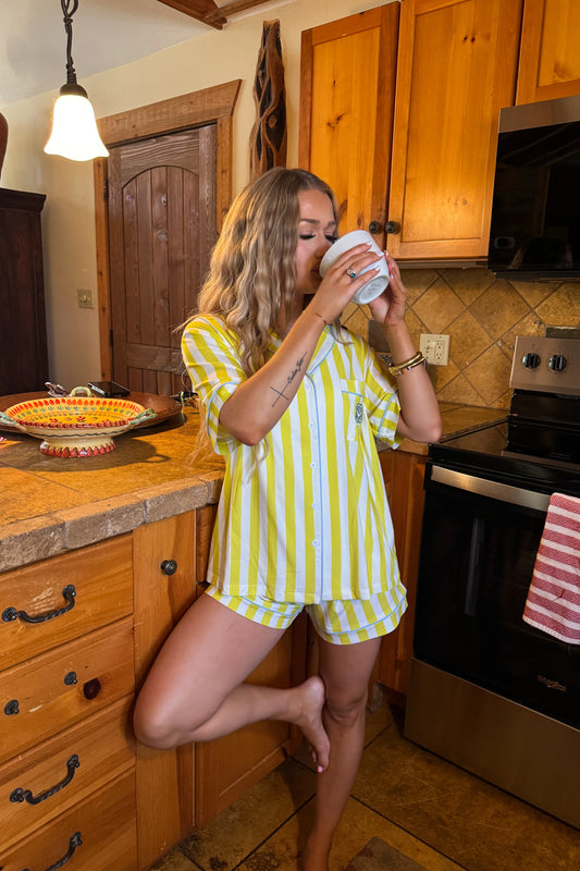Sunrise & Coffee Luxe PJ Set - Yellow Stripe