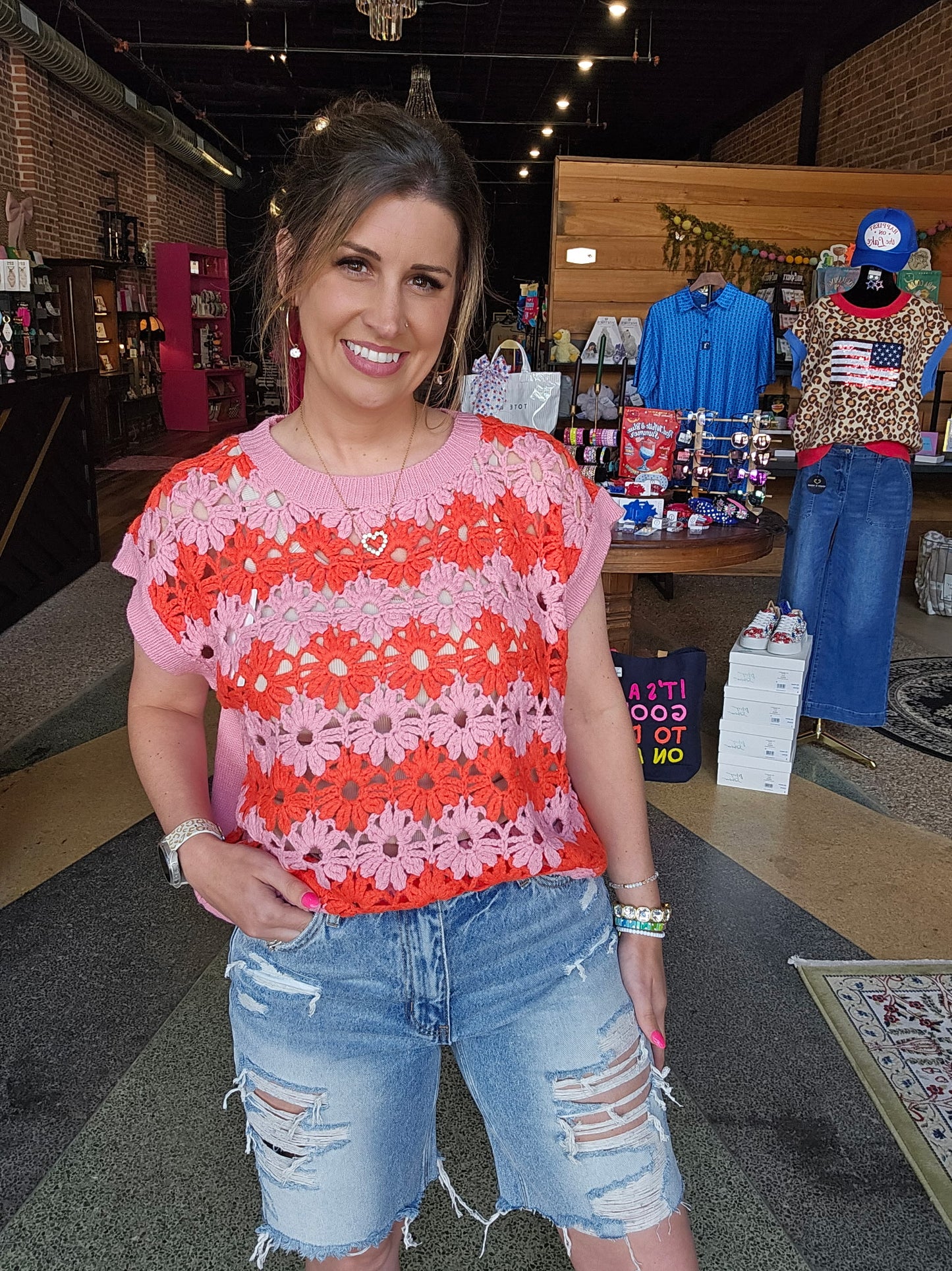 Floral Crochet Knit Drop Shoulder Top