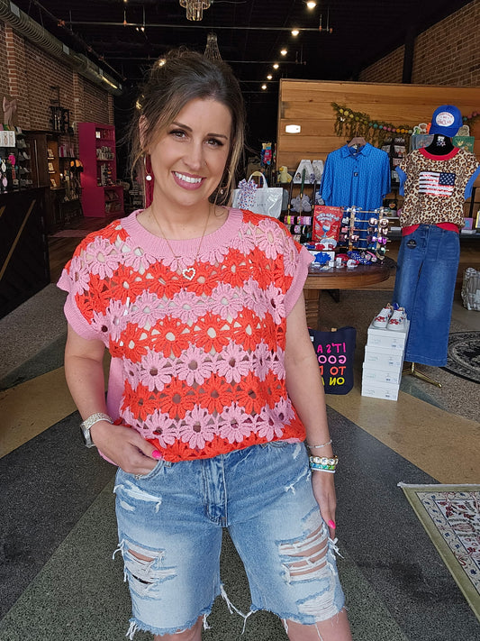 Floral Crochet Knit Drop Shoulder Top