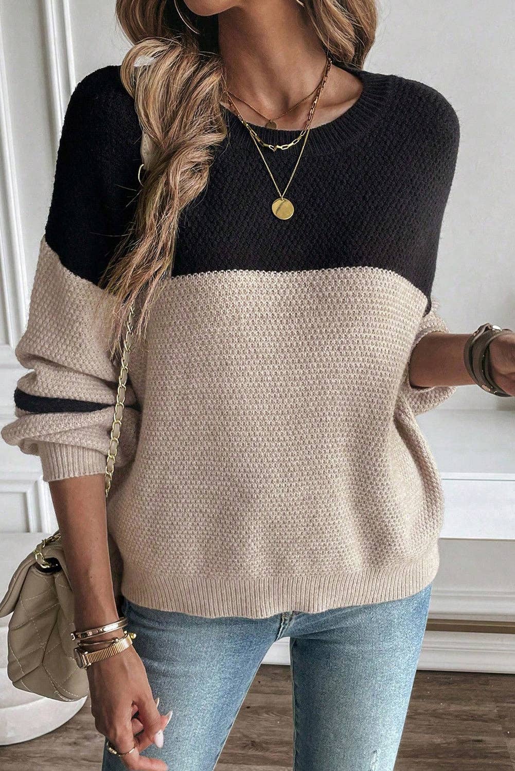 Parchment Color Block Knit Striped Sleeve Detail Casual Sweater